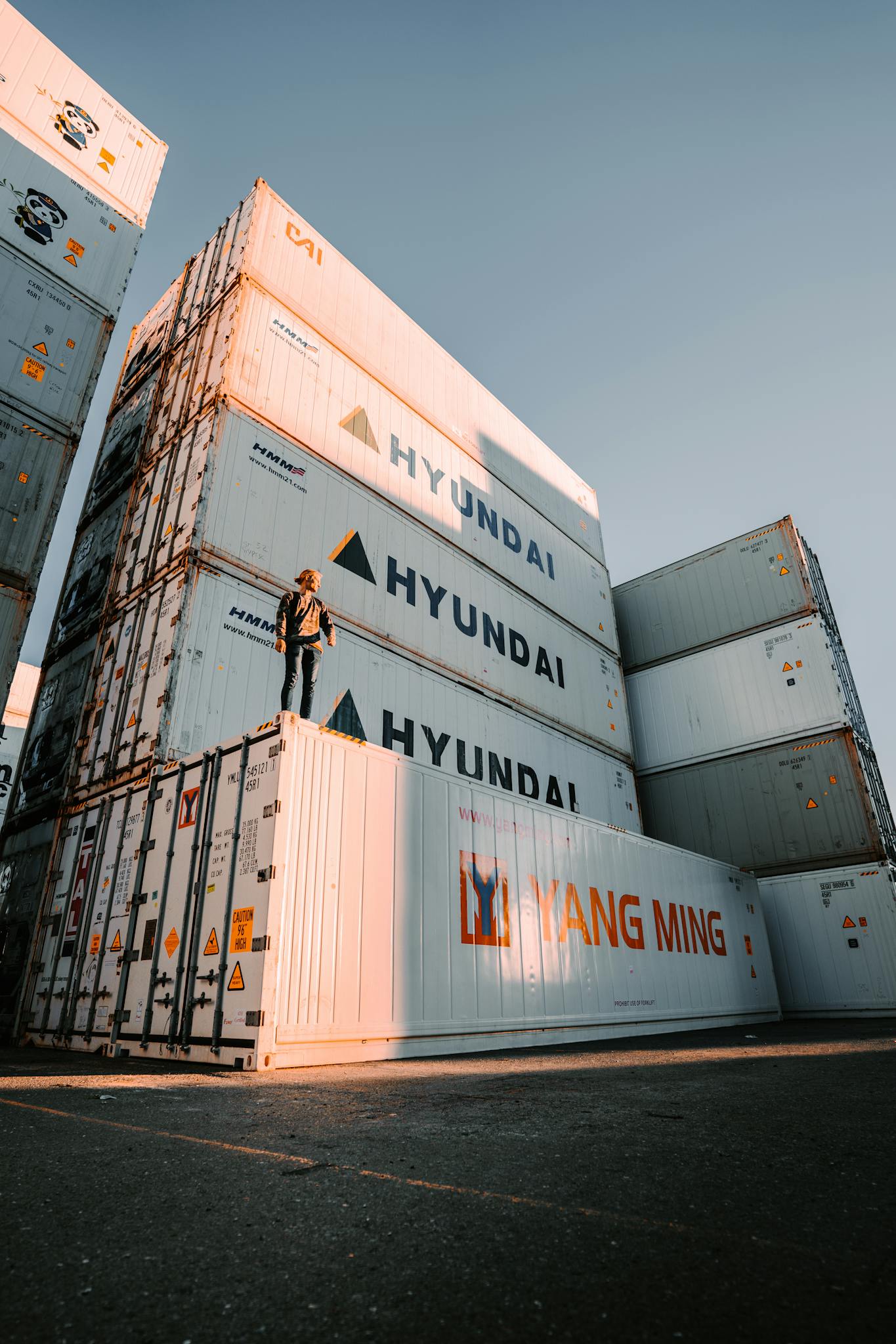 A person standing on Hyundai shipping containers at Brisbane port during day.